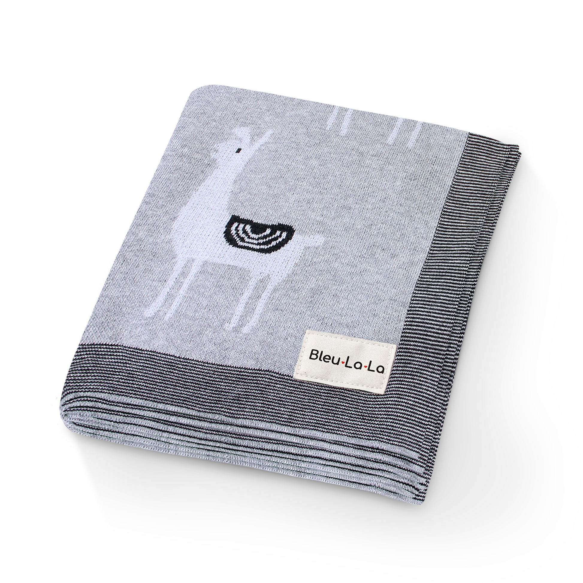 Folded gray and black striped blanket with a white llama design and 'Bleu La La' label on a white background