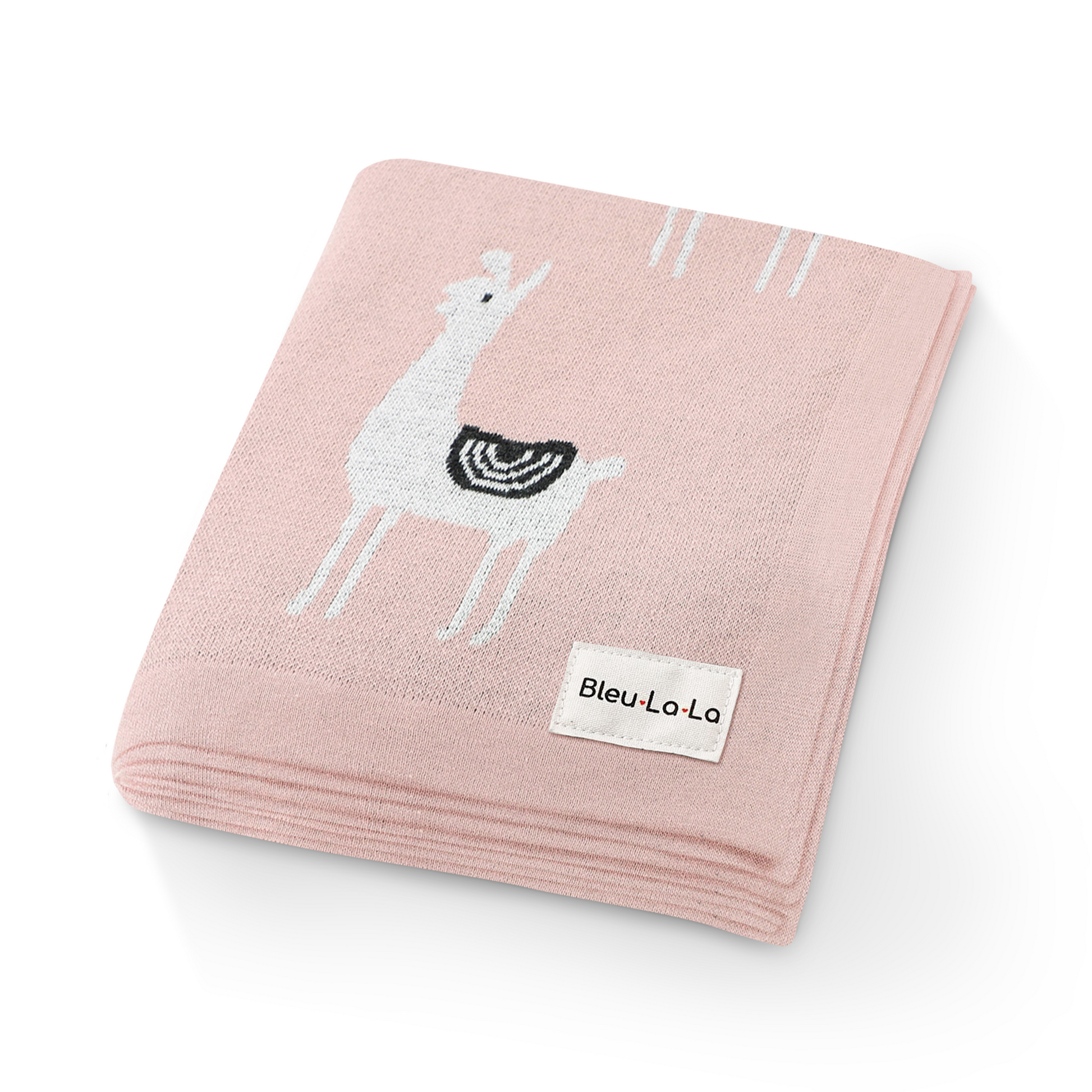 Pink blanket with llama design and Bleu La La label on a white background
