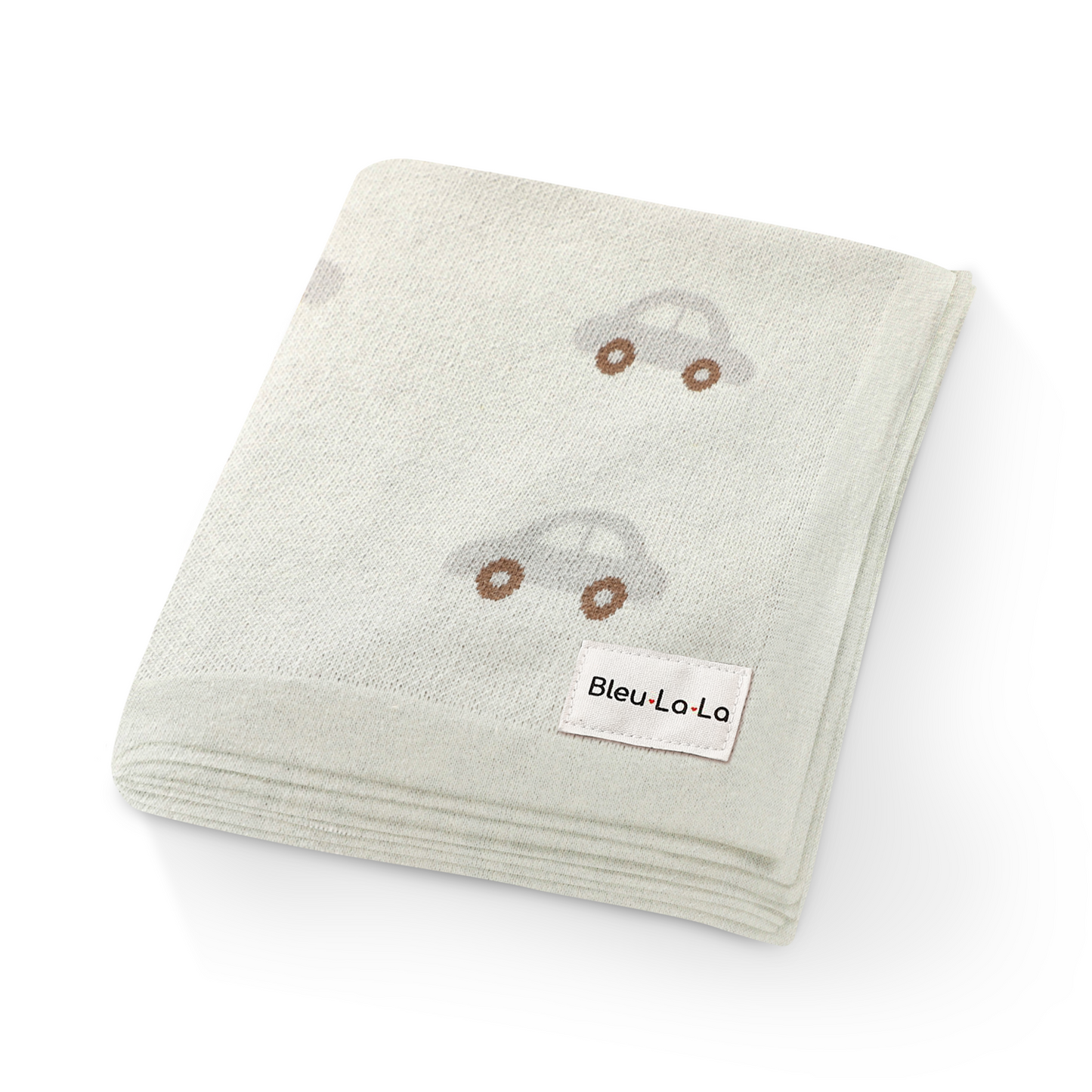 Folded towel with embroidered car designs and Bleu La La label on a white background