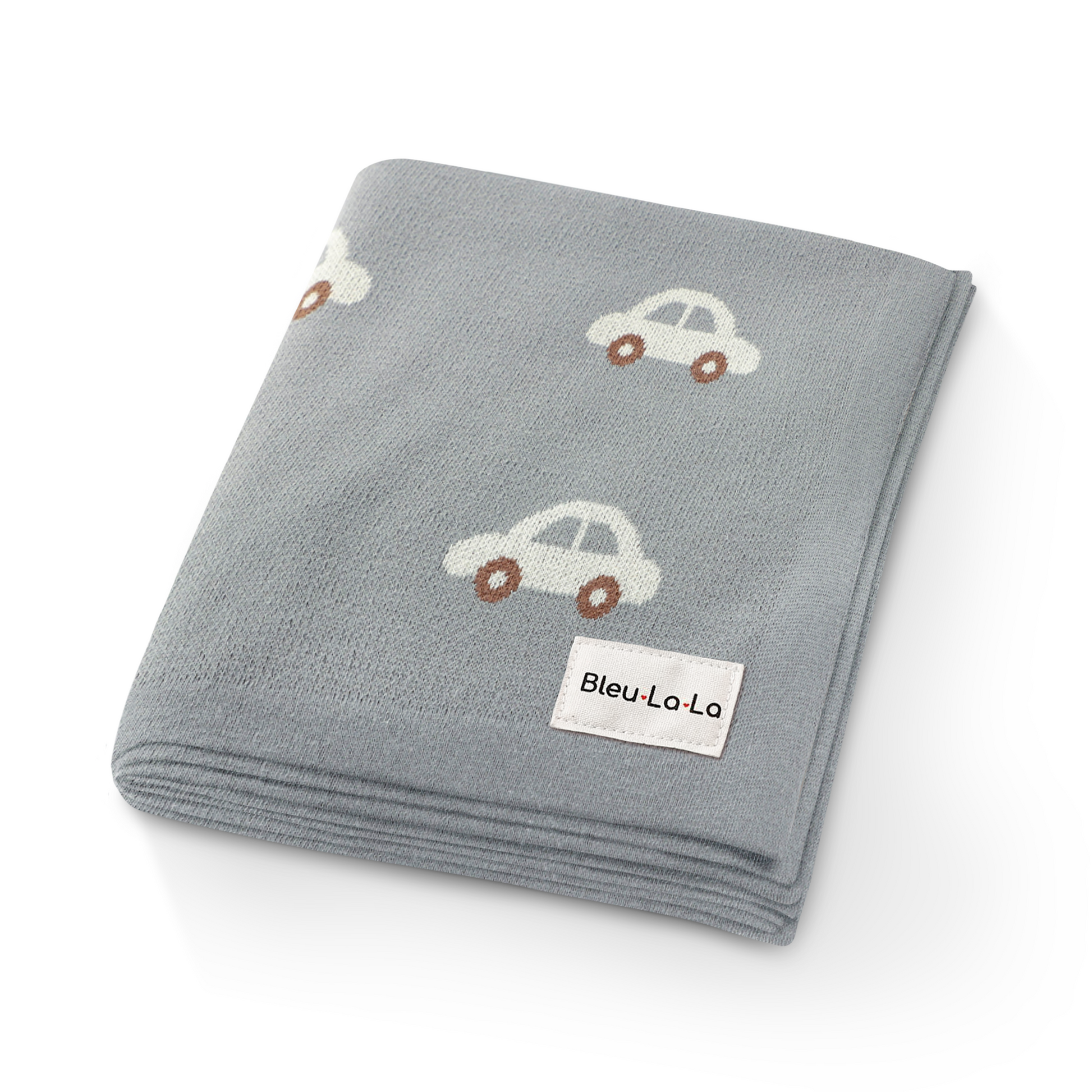 Gray baby blanket with car patterns and Bleu La La label on a white background