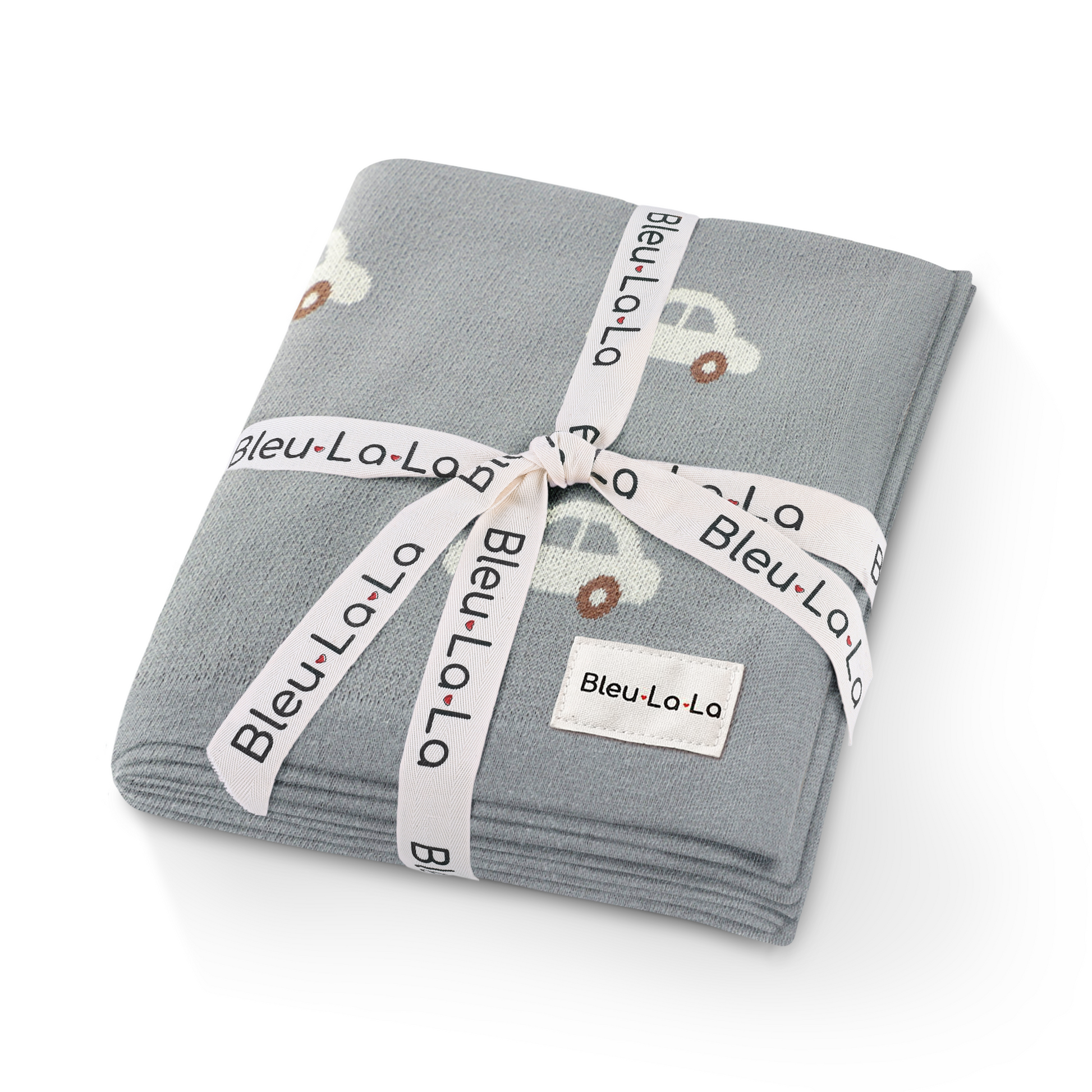 Folded gray blanket with cartoon cars and 'Bleu La La' branding on a white background