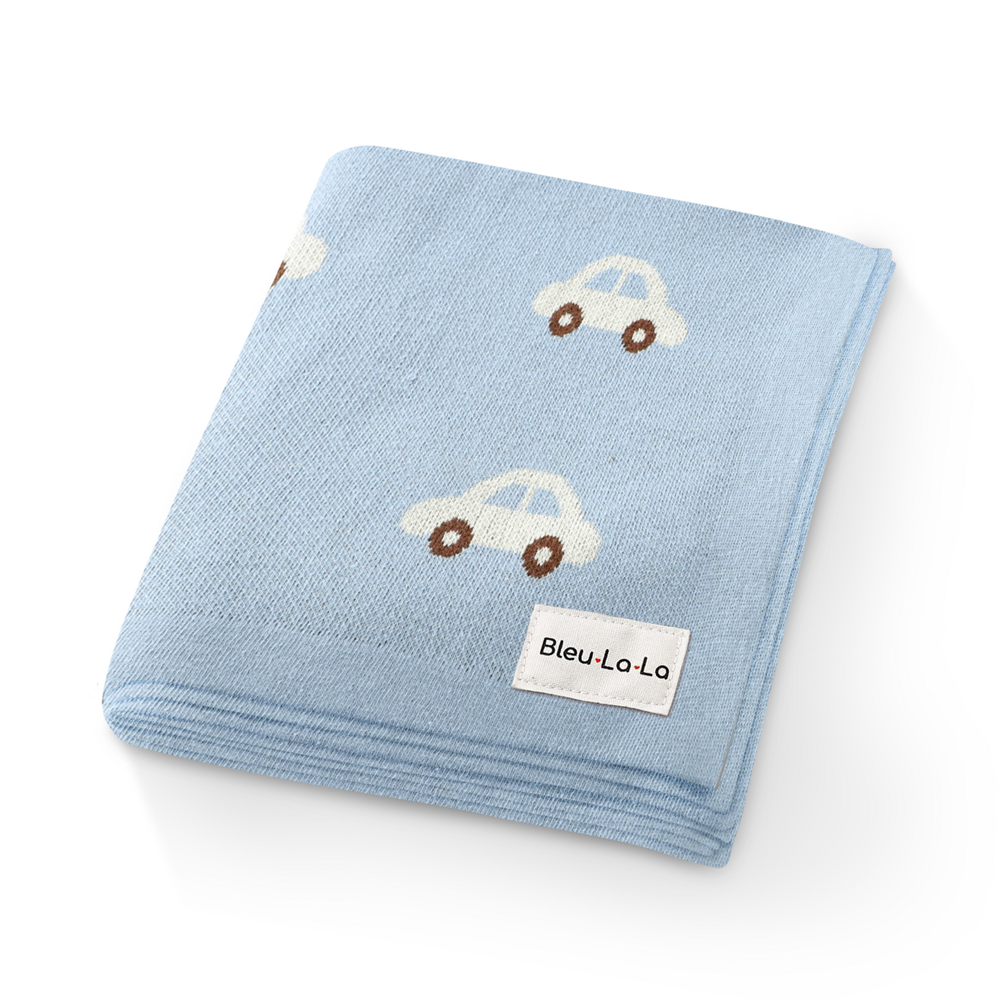 Blue baby blanket with car patterns and Bleu La La label on a white background