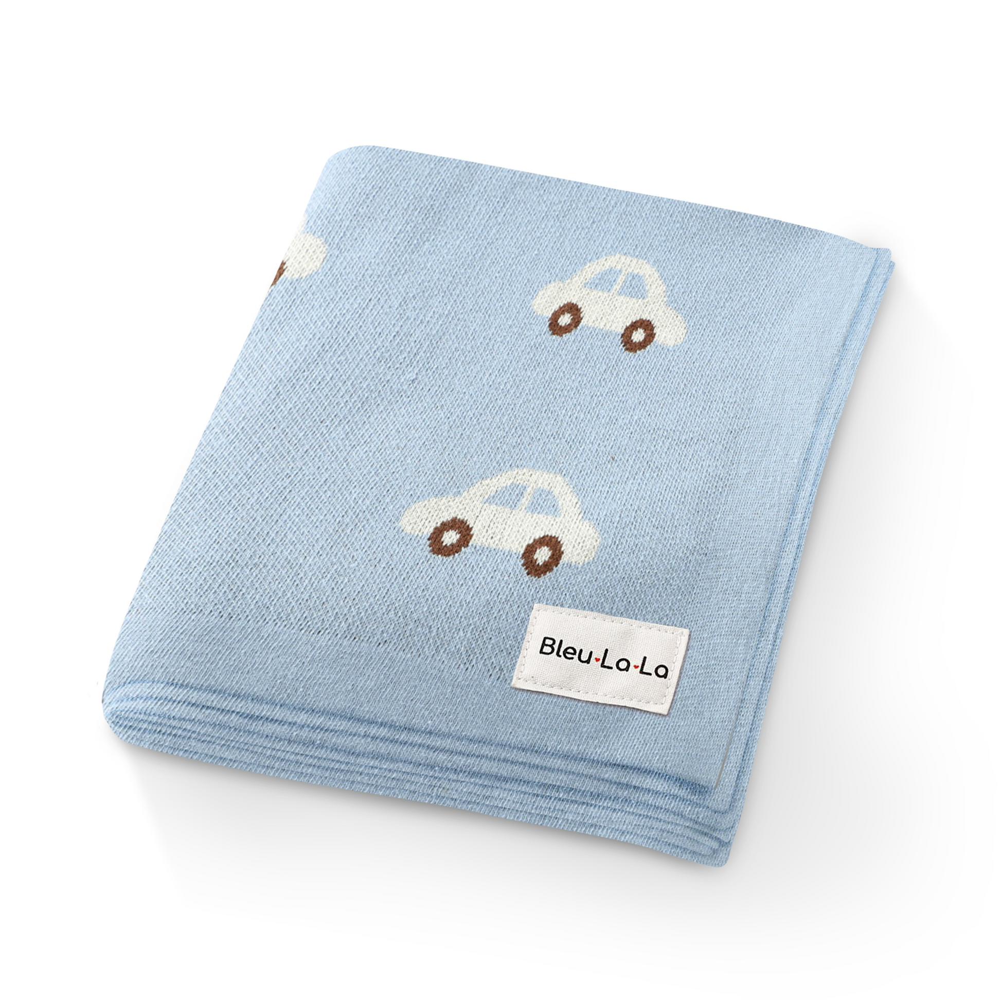 Blue baby blanket with car patterns and Bleu La La label on a white background