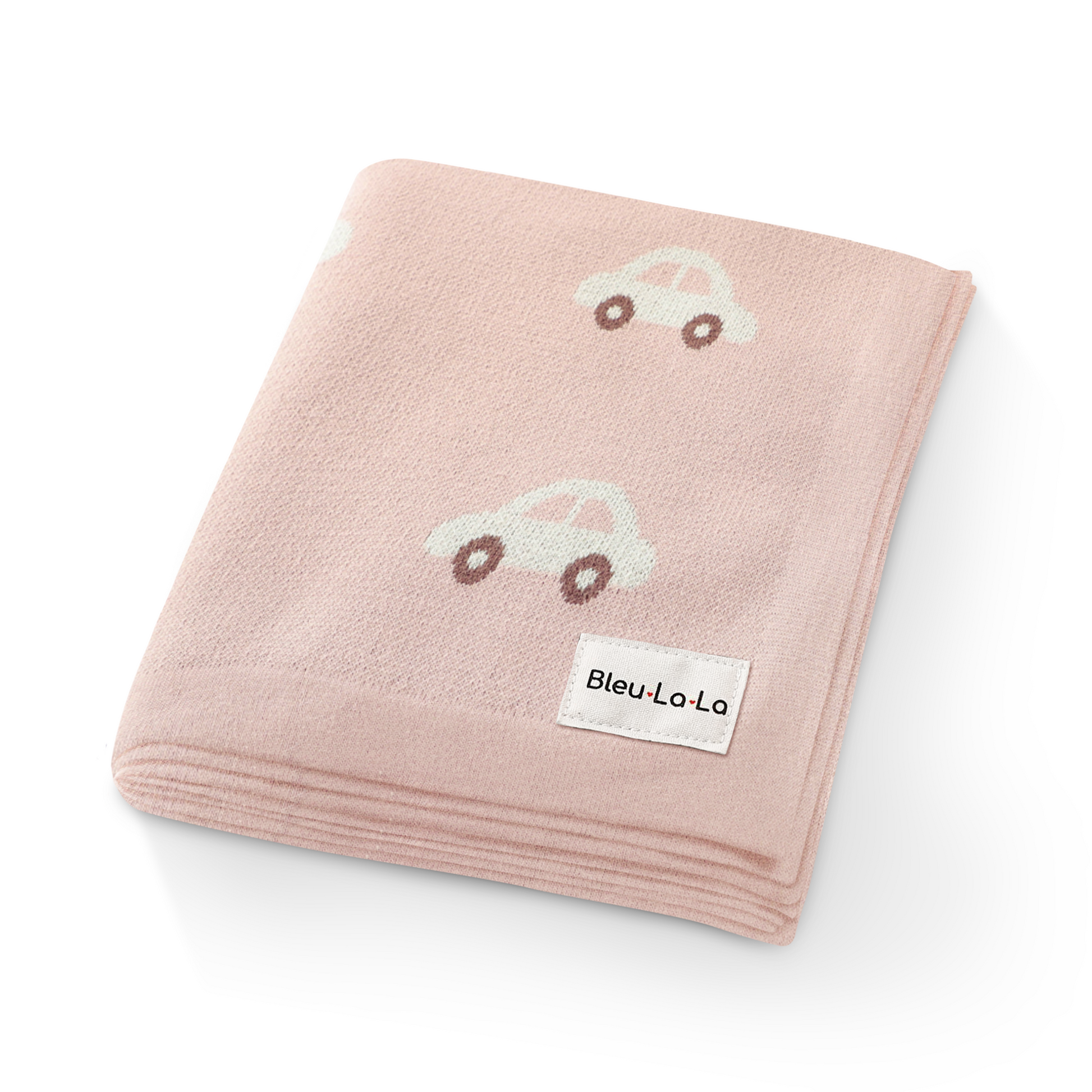 Pink baby blanket with car patterns and Bleu La La label on a white background