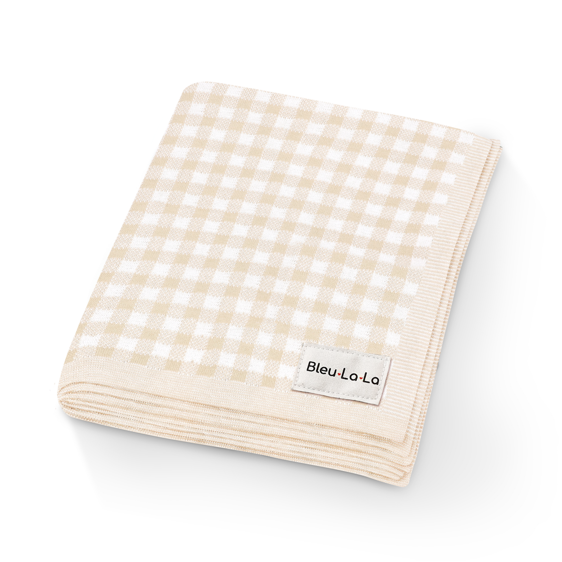 Beige and white checkered blanket with 'Bleu La La' label on a white background