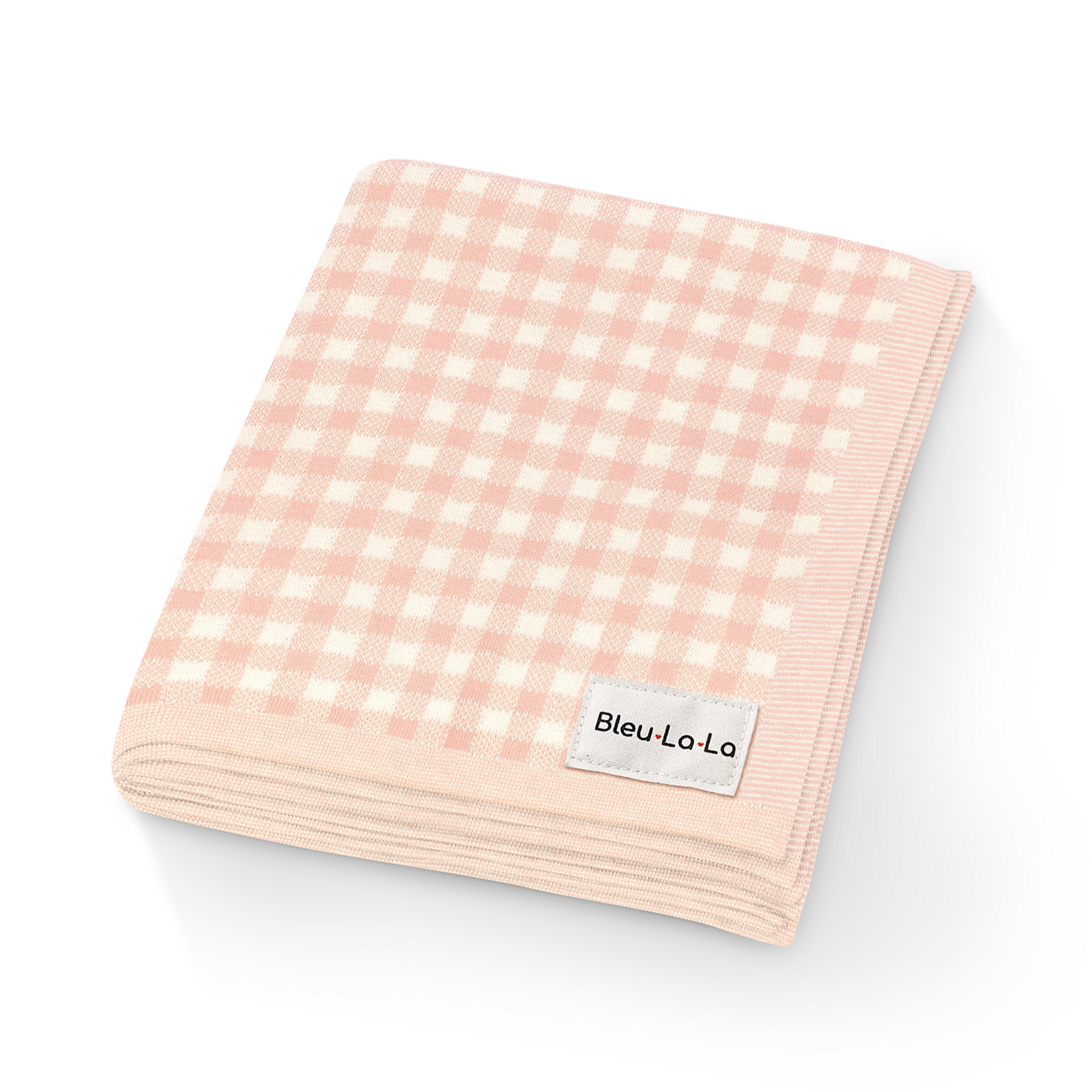 Pink checkered blanket with 'Bleu La La' label on a white background
