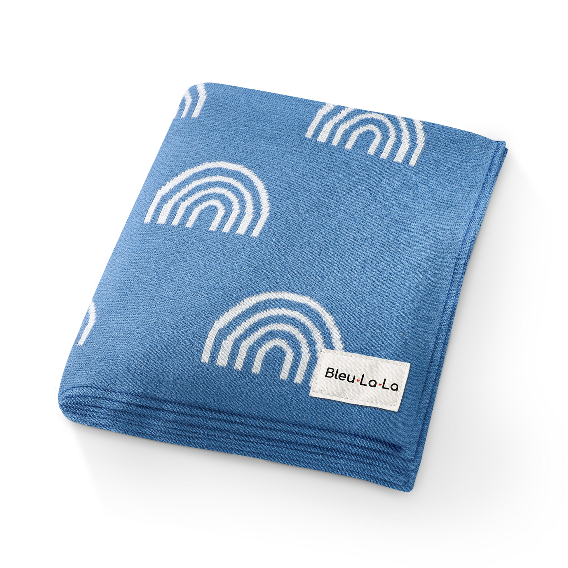 Folded blue fabric with white rainbow patterns and Blel-La-La on a white background