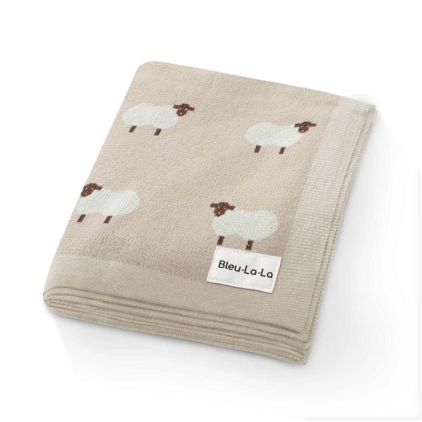 Beige baby blanket with sheep pattern and Bleu La La label on a white background
