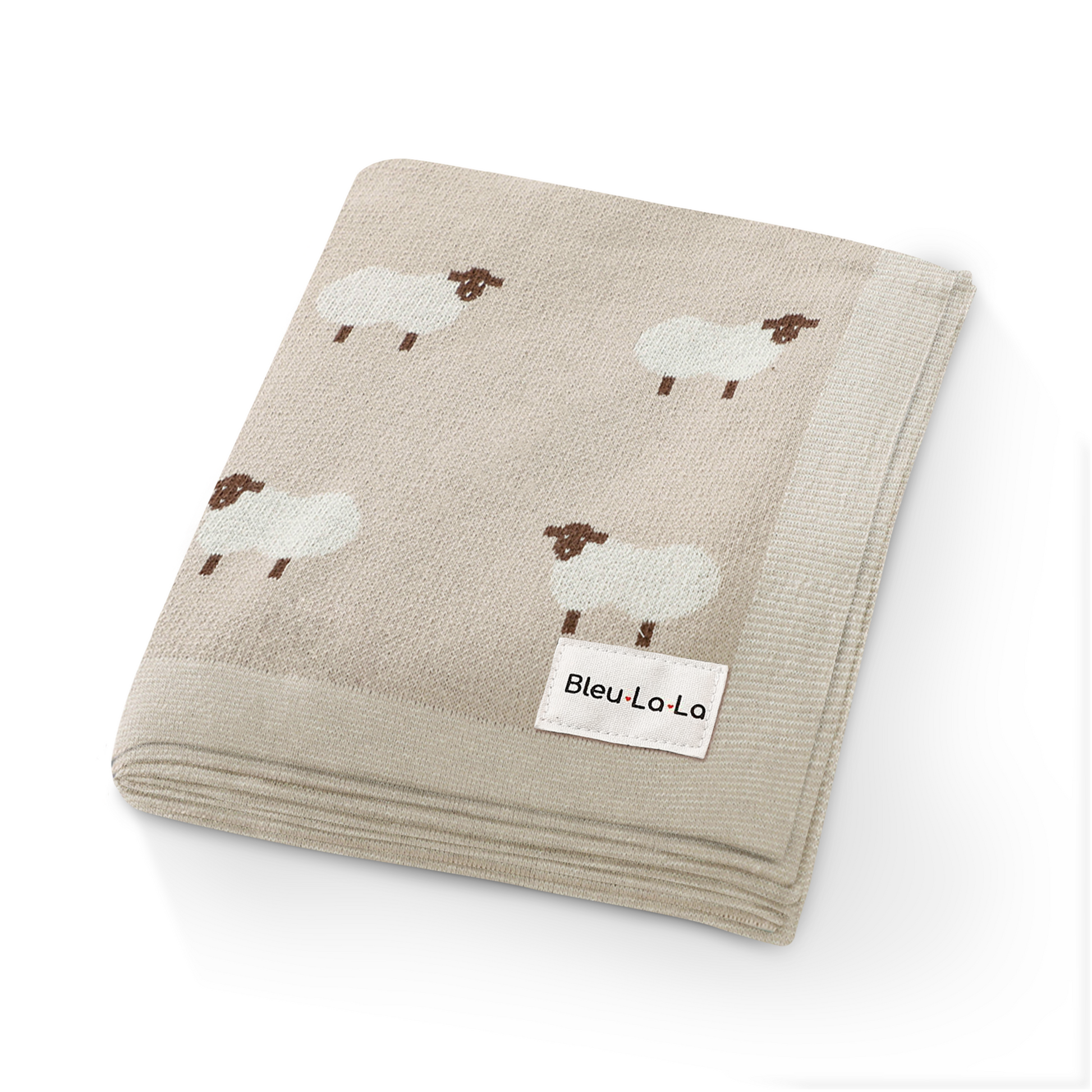 Beige baby blanket with sheep pattern and Bleu La La label on a white background