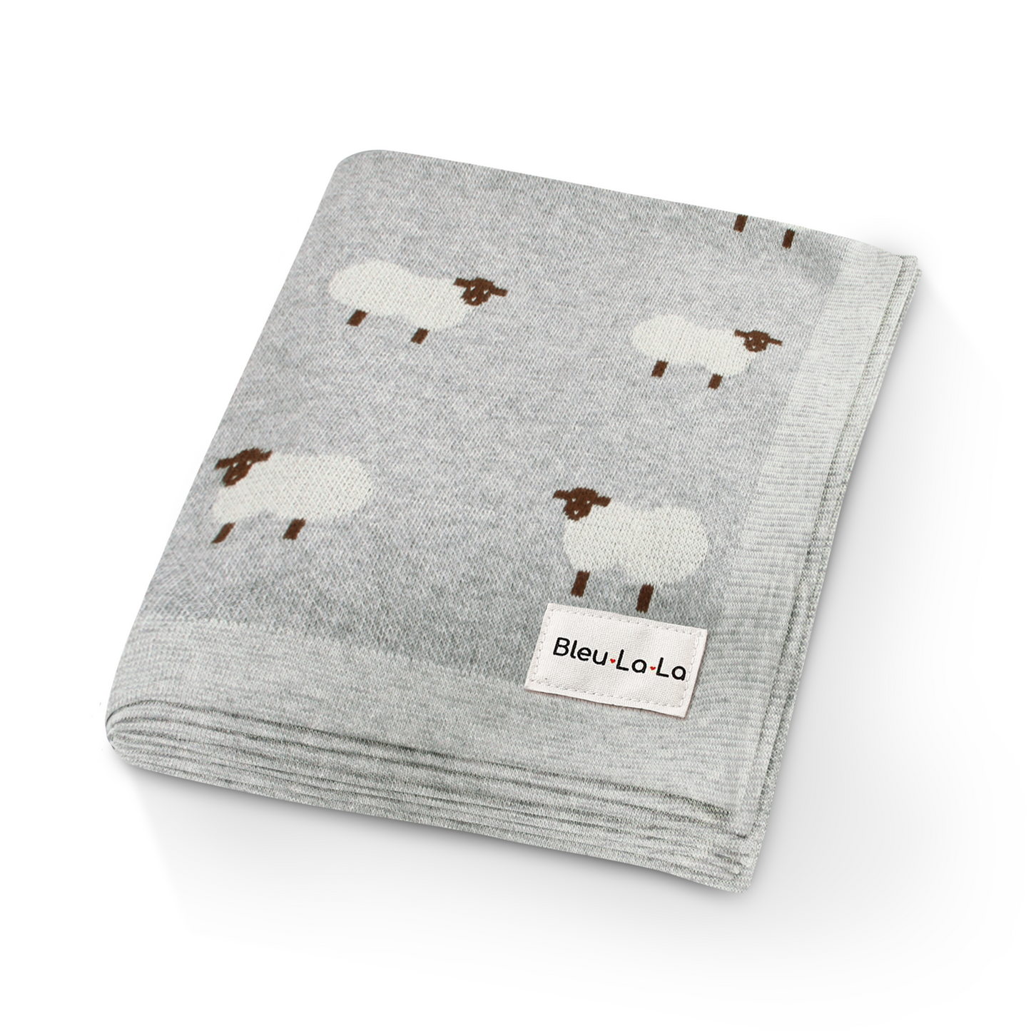 Gray blanket with sheep pattern and Bleu-La-La label on a white background