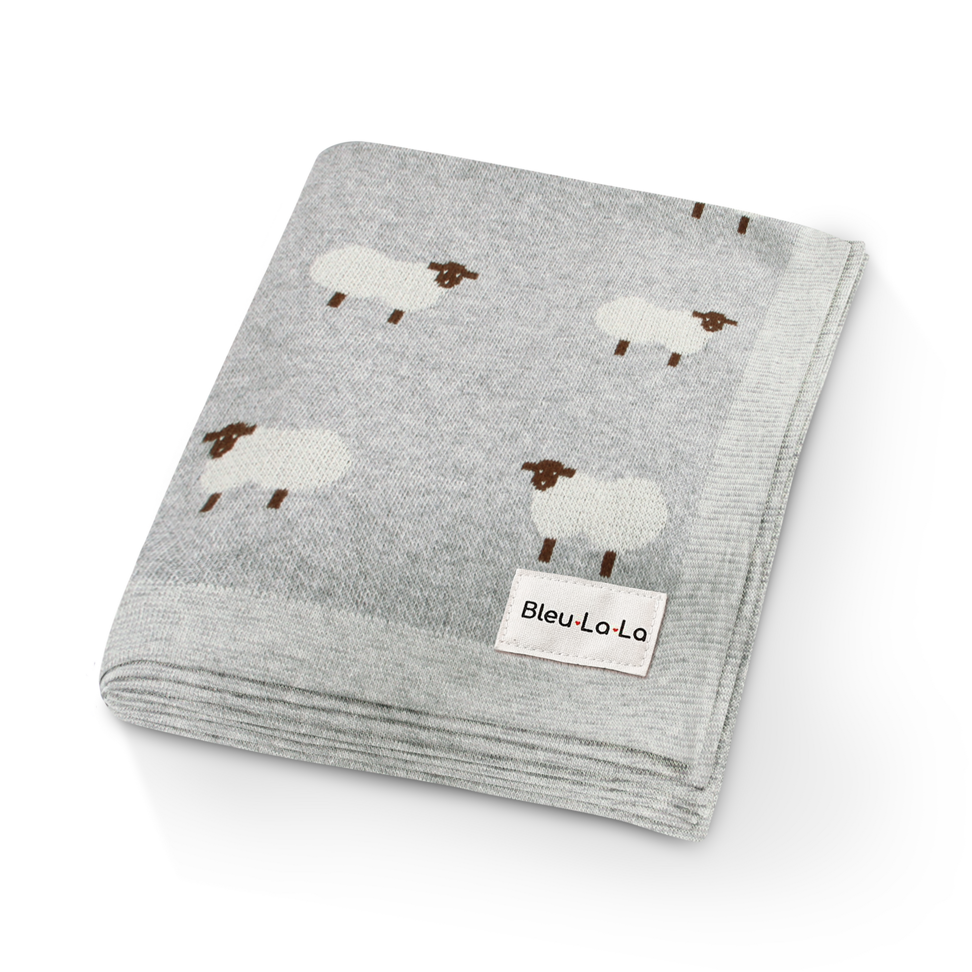Gray blanket with sheep pattern and Bleu-La-La label on a white background