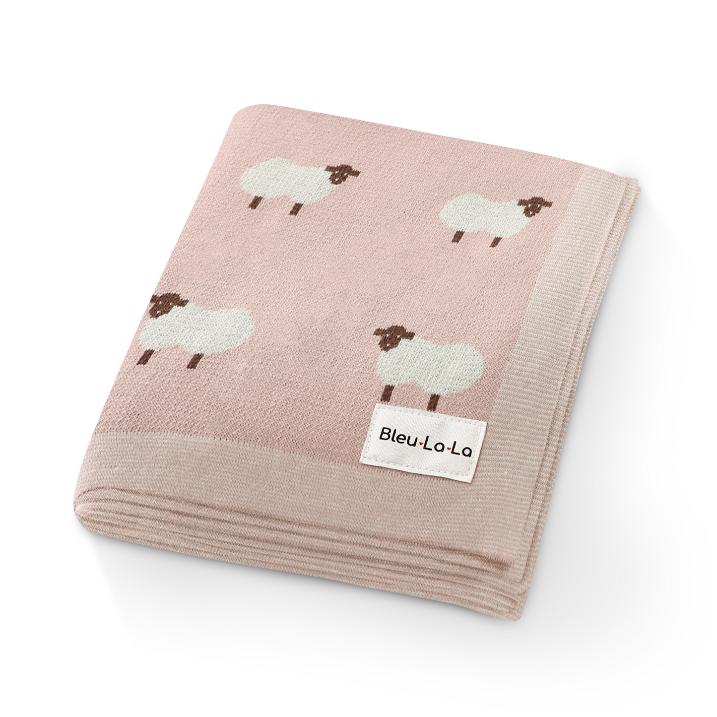 Pink baby blanket with sheep pattern and Bleu La La label on a white background