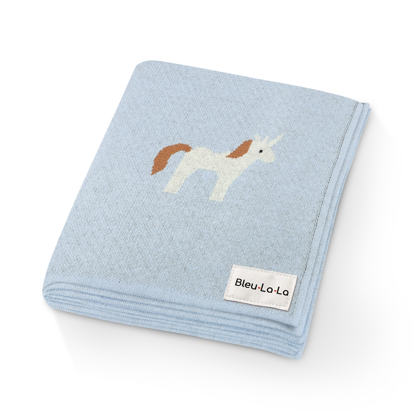 Light blue baby blanket with unicorn design and Bleu-Lo-La label on a white background