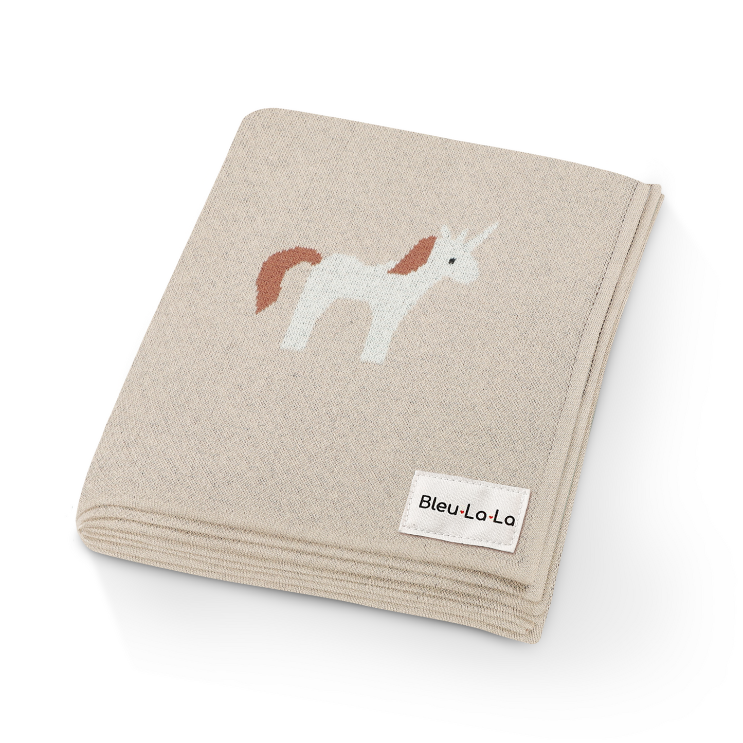 Beige blanket with unicorn design and Bleu Lo La label on a white background