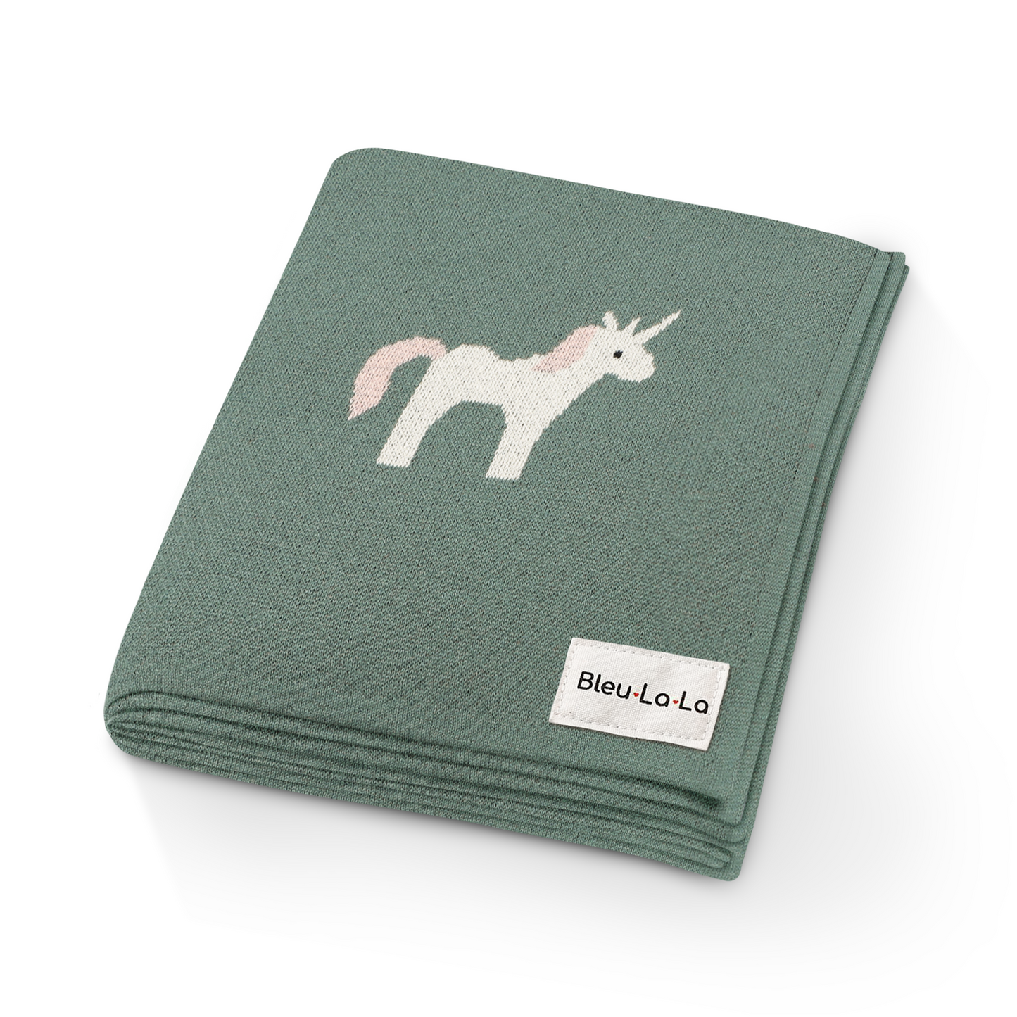 Folded green blanket with unicorn design and Bleu-La-La label on a white background