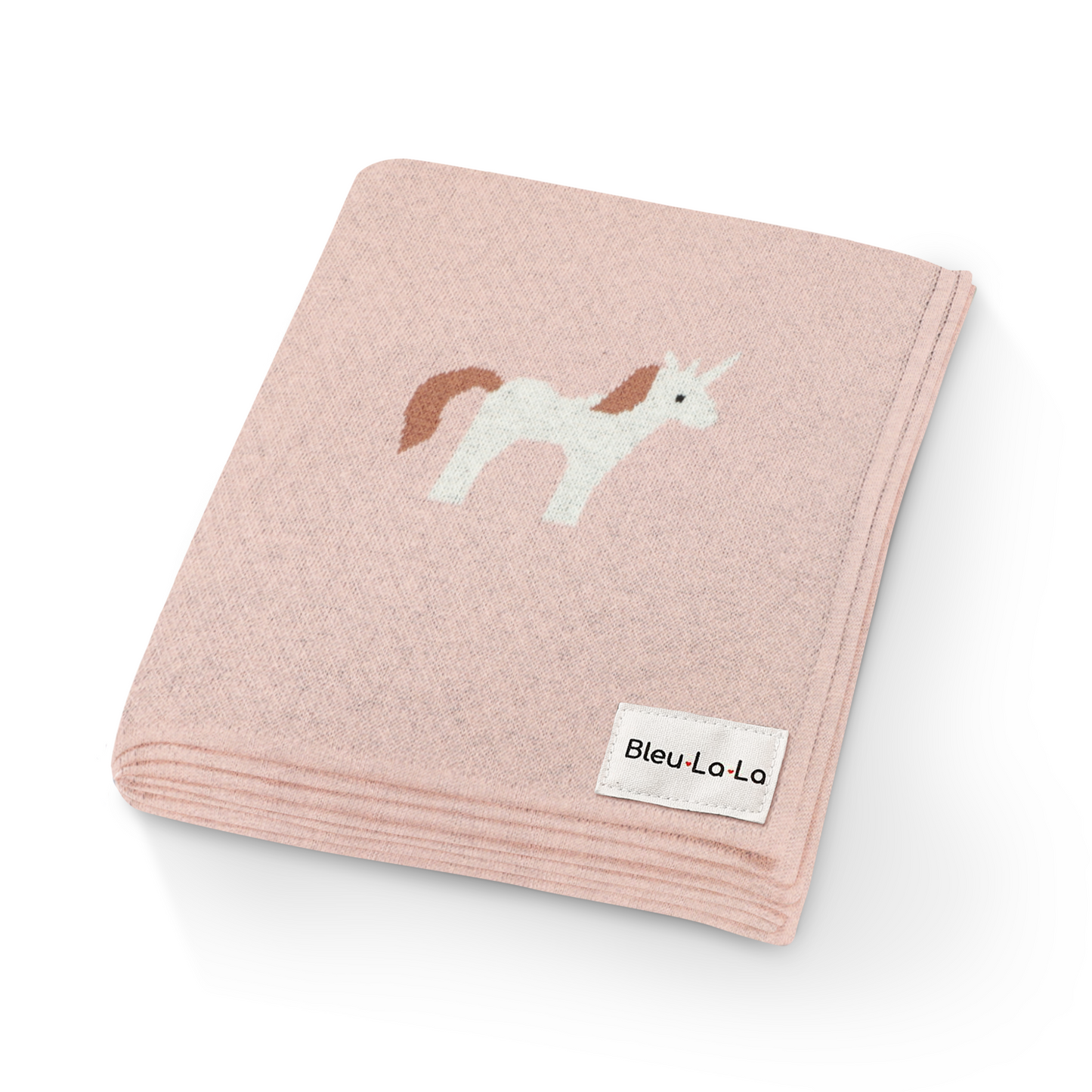Pink blanket with unicorn design and Bleu-La-La label on a white background