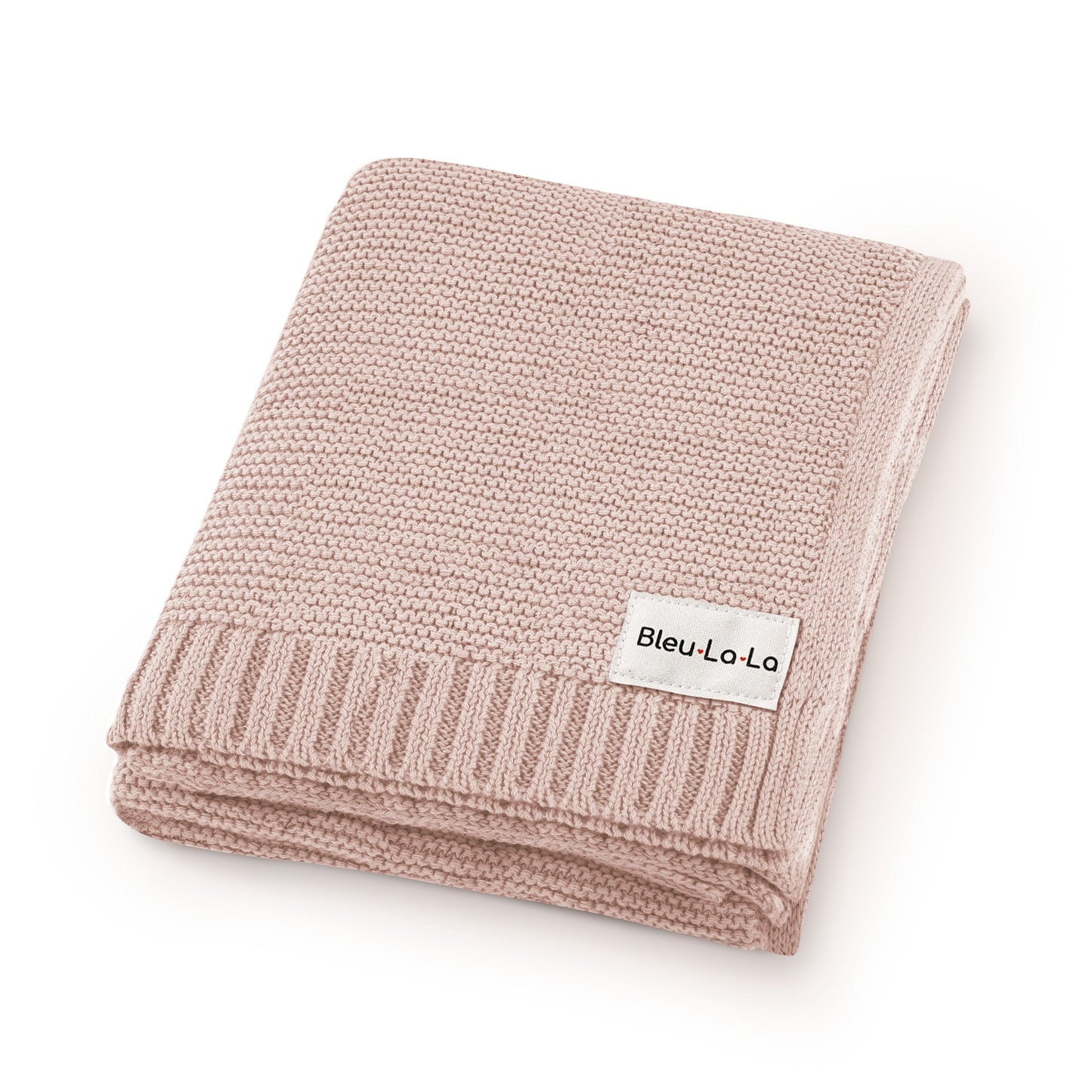 Folded pink Blue-La-La knitted blanket with a visible brand label on a white background