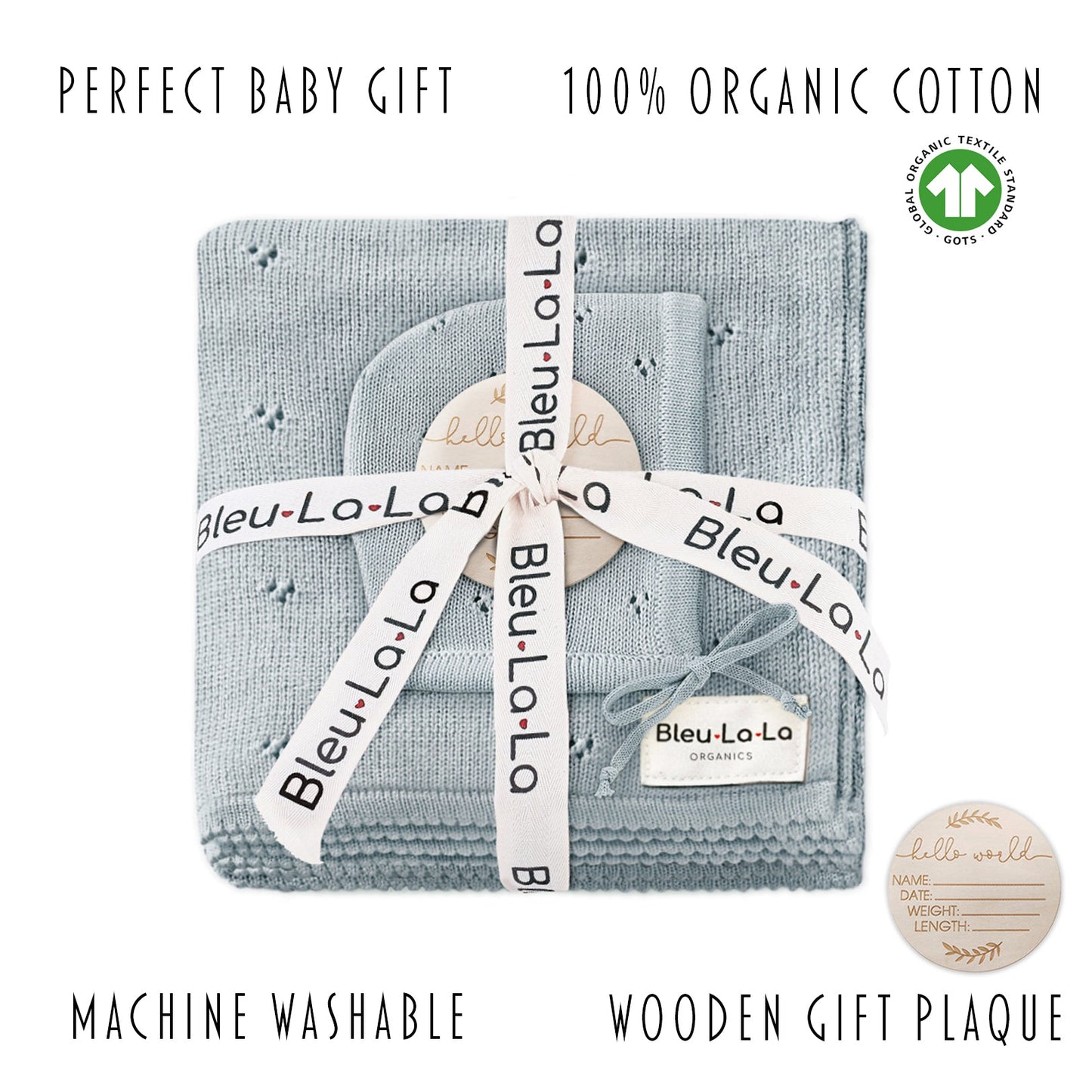 Bleu La La baby gift set with organic cotton blanket and wooden plaque on a white background