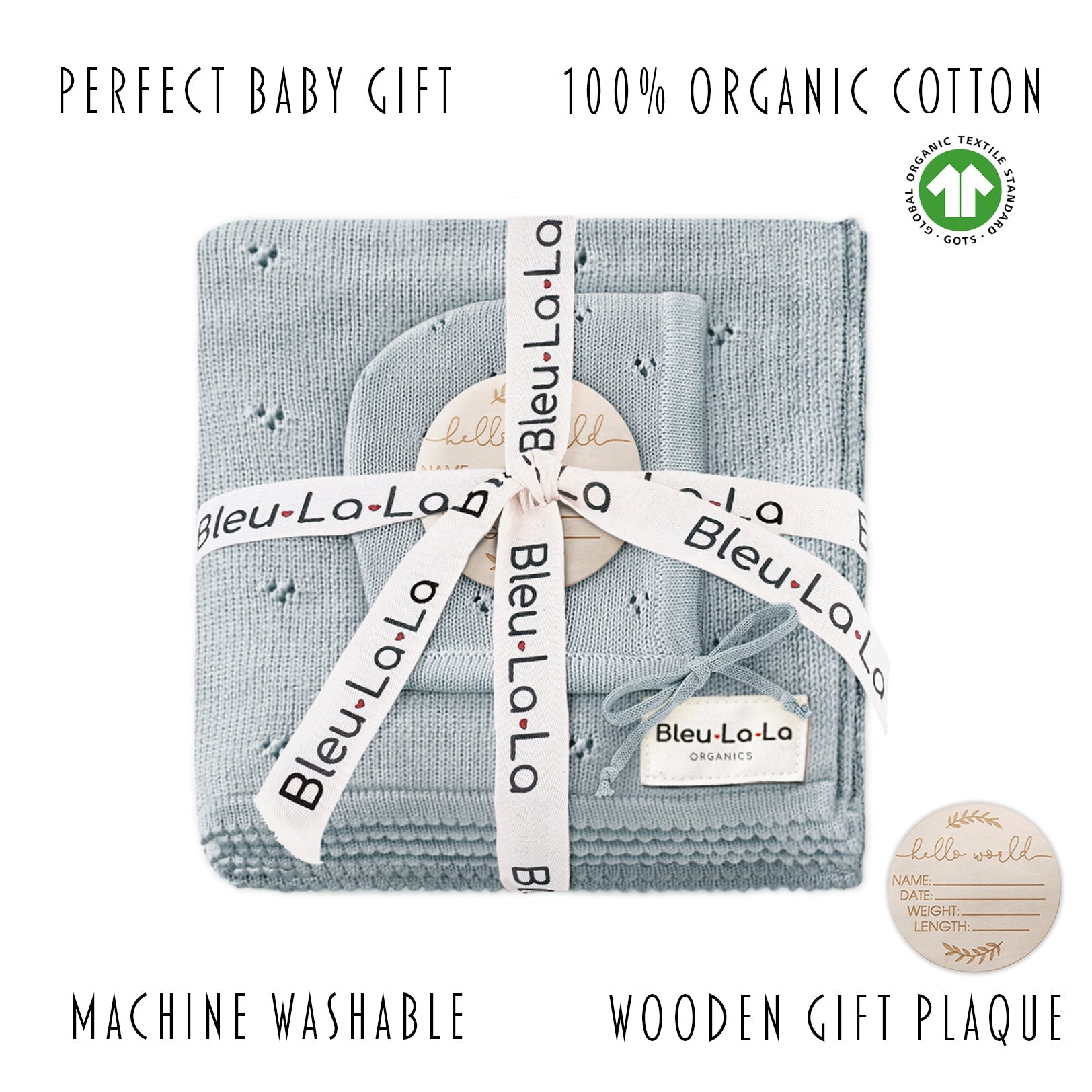 Bleu La La baby gift set with organic cotton blanket and wooden plaque on a white background