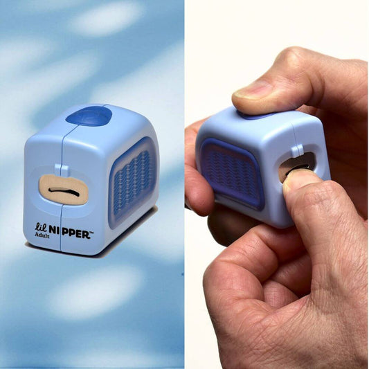 A split image. On the left is a photo of the Lil Nipper by itself with a light blue background. On the right, it is a photo of a mans hands using the adult sized Lil Nipper with a while background.