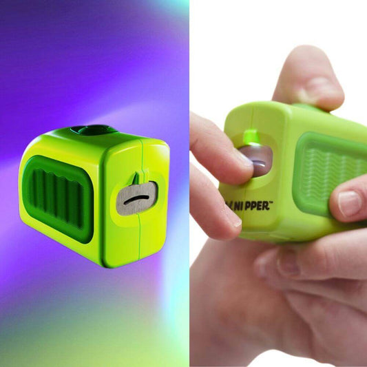 Split screen. Left image is Lil Nipper electric nail clipper Child Size in Green color on gradient purple background.  Right is fingernail inserting into safety slot with hand holding Lil Nipper.