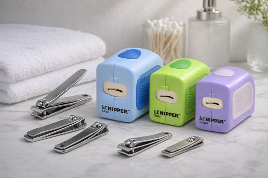 Complete collection of different types of toenail clippers including traditional large clippers, heavy-duty professional clippers, and electric nail clippers arranged on bathroom counter.