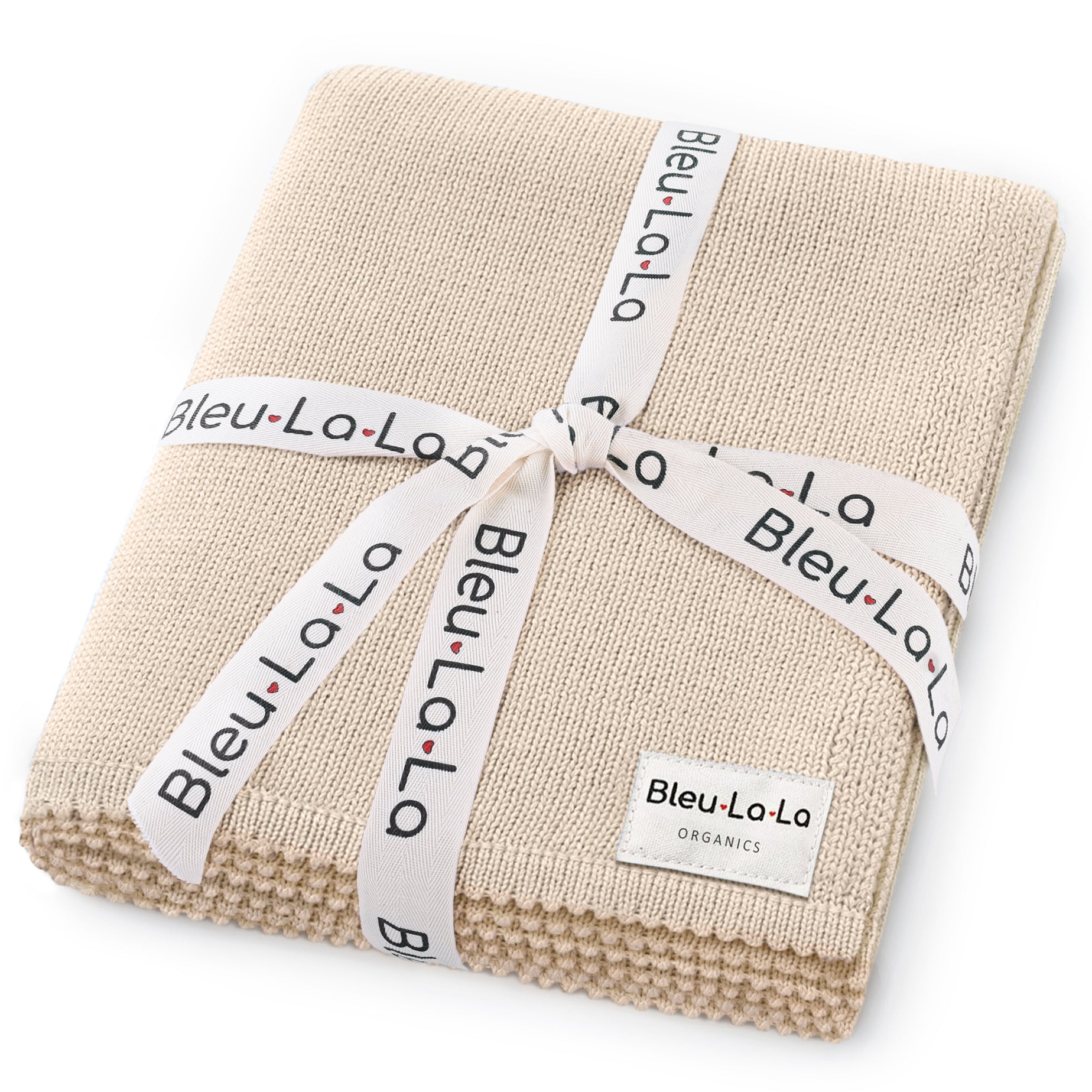 Beige baby blanket with 'Bleu La La' branding on a white background