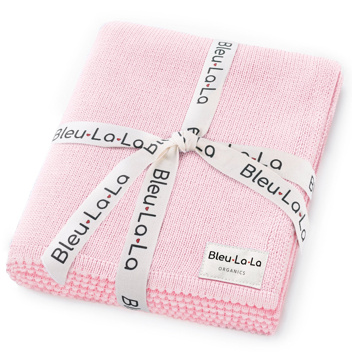 Pink fabric with 'Bleu La La' branding on a white background