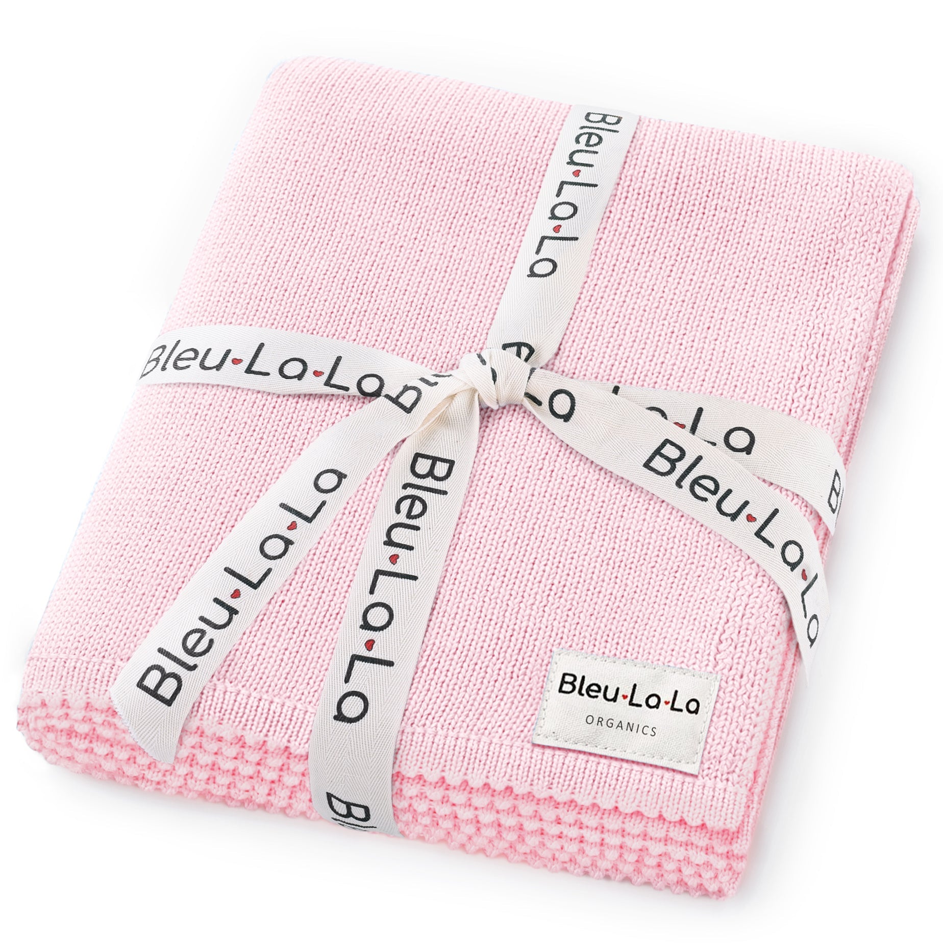 Pink fabric with 'Bleu La La' branding on a white background
