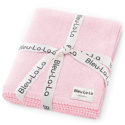 Pink fabric with 'Bleu La La' branding on a white background