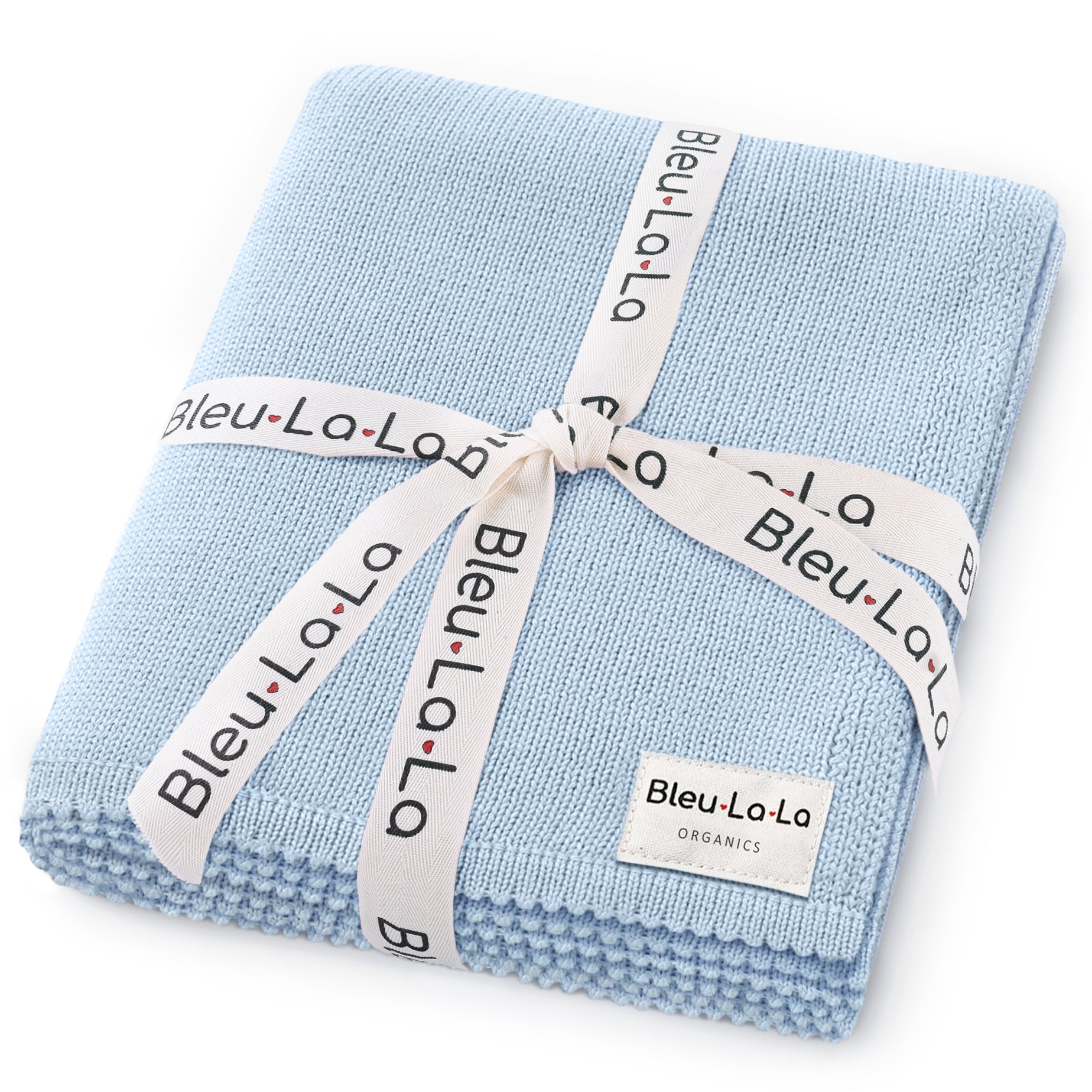 Folded light blue blanket with 'Bleu La La' branding on a white background