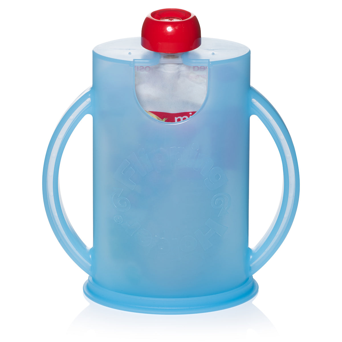 Blue Flipping Cup cup with an applesauce red twist top peeking out. easy to hold the sauce.
