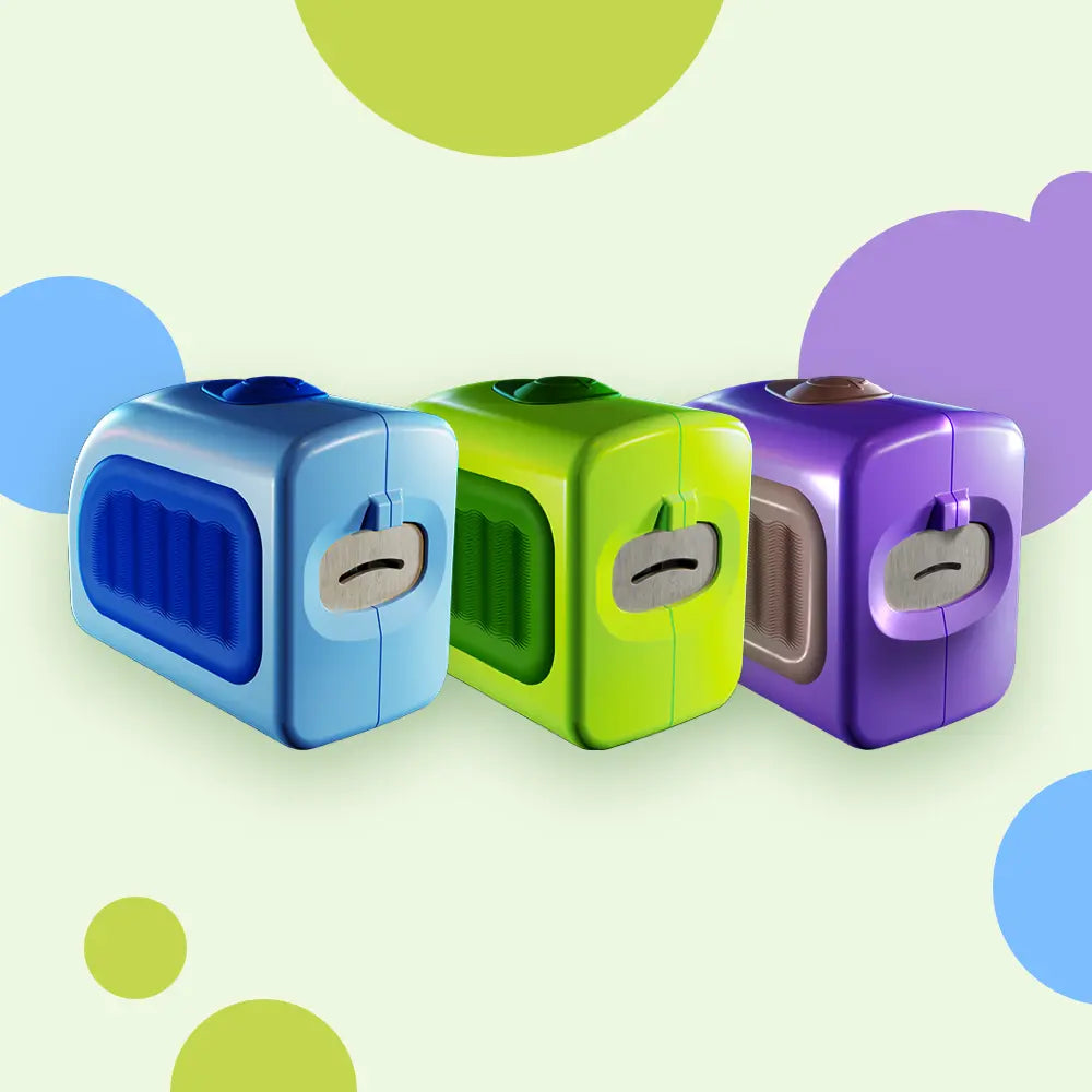 Product lineup of three Lil Nipper electric nail clippers in metallic blue, lime green, and purple showing the signature safety slot design and button interface.