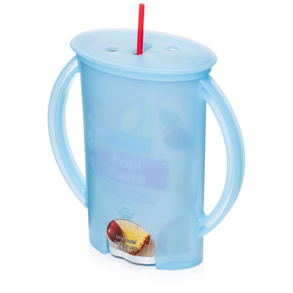 Blue Cup with handles and a red straw which from a juice bladder inside the cup. On a white background. 