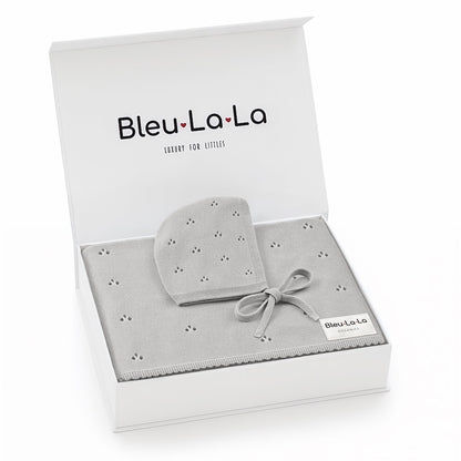 Gray baby hat and blanket set with 'Bleu La La' branding on a white background