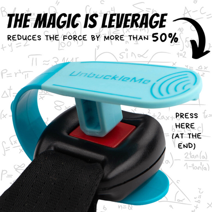 UnbuckleMe car seat belt safety device with mathematical equations in the background.