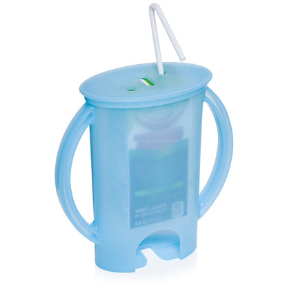Blue Cup with handles and a  white straw from a juice bladder inside the cup. On a white background.