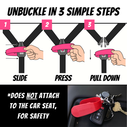 Step-by-step guide on how to unbuckle a seat belt with hands and a red unbuckle tool attached to keys. Simple steps: Slide device over car seat button, squeeze or press Unbuckle Me tool and Press down.