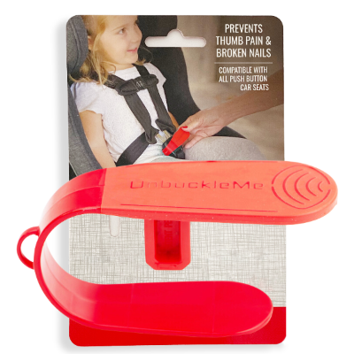 Red 'UnbuckleMe' product on packaging with child in car seat background