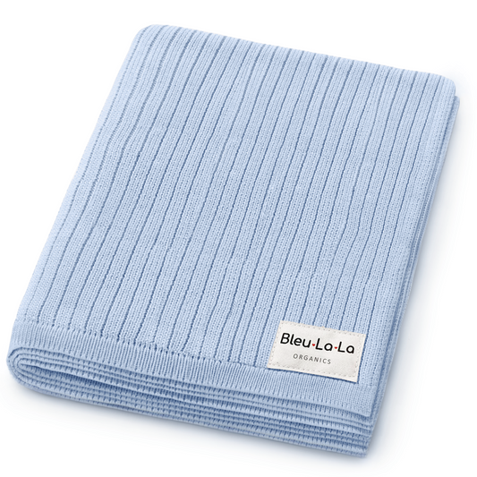 Light blue baby blanket with Bleu-La-La label on a white background