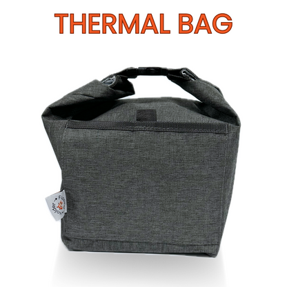 Gray thermal bag with a visible brand logo on a white background
