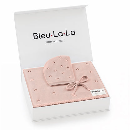 Pink baby hat and blanket set with 'Bleu La La' branding on a white background
