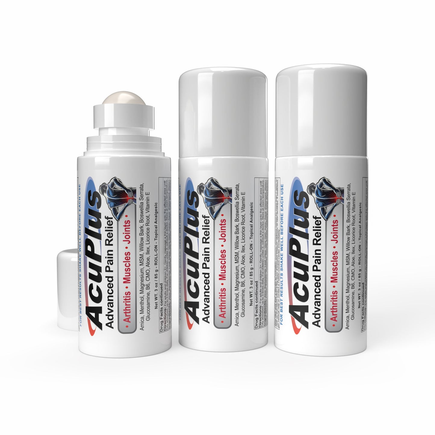 AcuPlus 3 oz Pain Relief Roll-On 3 Pack – Hands-Free Menthol Pain Relief for Muscles and Joints