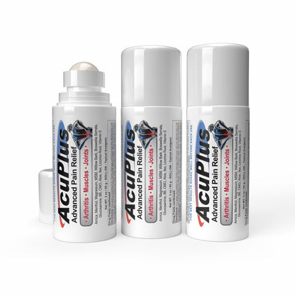 AcuPlus 3 oz Pain Relief Roll-On 3 Pack – Hands-Free Menthol Pain Relief for Muscles and Joints