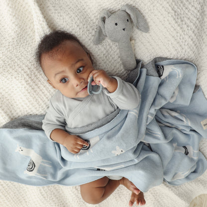 Baby wrapped in a blue blanket with a gray toy, lying on a soft surface