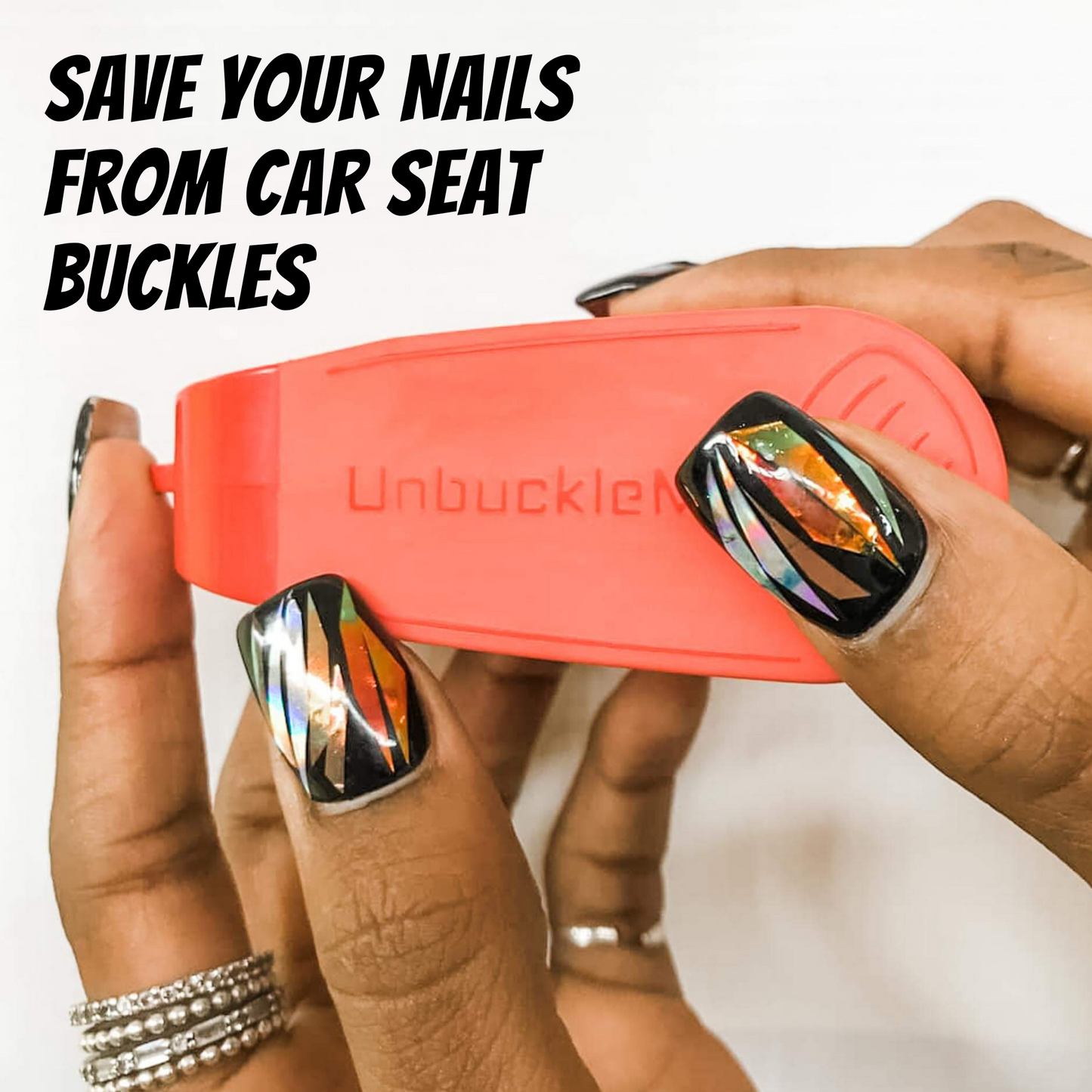 Person holding a red device labeled 'UnbuckleMe' with text 'Save Your Nails From Car Seat Buckles'.