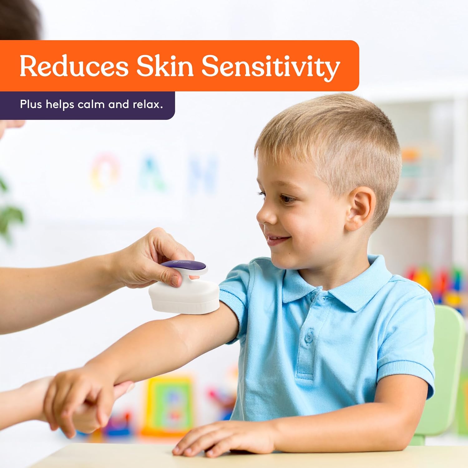 Child receiving a cream application on arm with text about skin sensitivity reduction and relaxation.