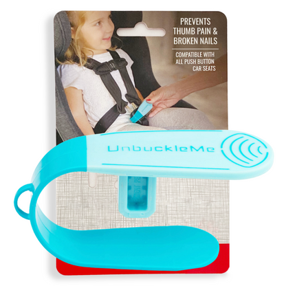Blue UnbuckleMe product with packaging showing a child in a car seat.