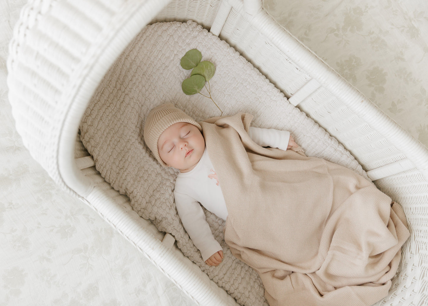 Newborn baby sleeping in a crib with beige bedding and a small plant on a light background. Ultra-soft 100% organic cotton luxury knit baby blanke.