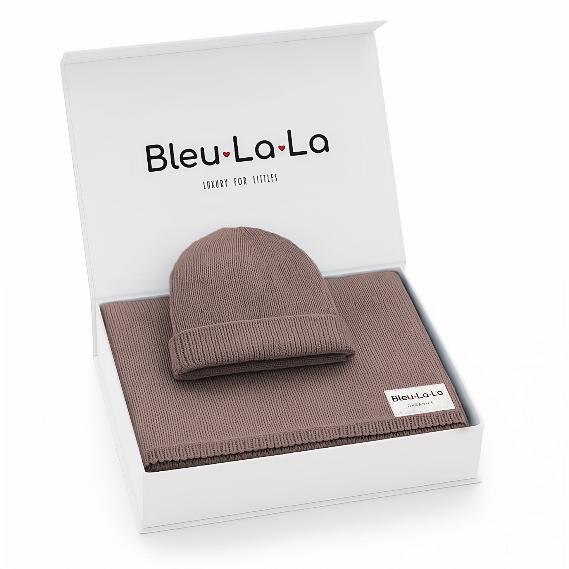 Brown baby hat and blanket set with 'Bleu La La' branding on a white background